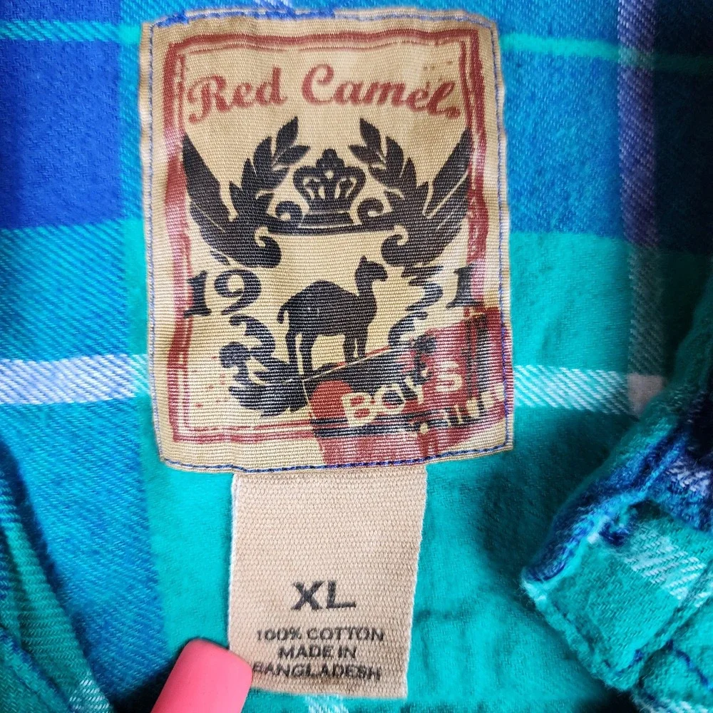Red Camel Shirt Boys XL Plaid Teal Blue Western Button Down Long Sleeve EUC